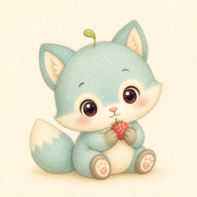 Mayu, a baby fox, holding a wild berry